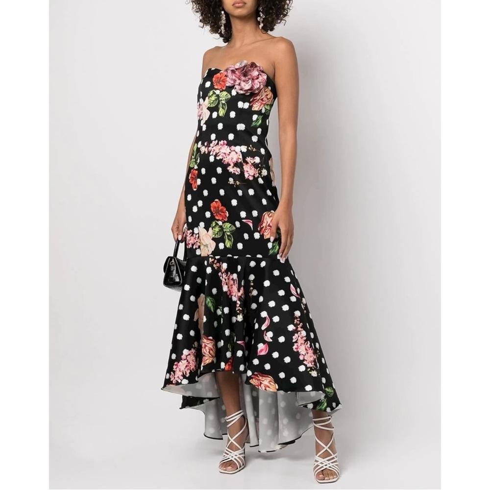 MARCHESA NOTTE Black Floral Polka Dot Strapless High Low Formal Maxi Dress Gown